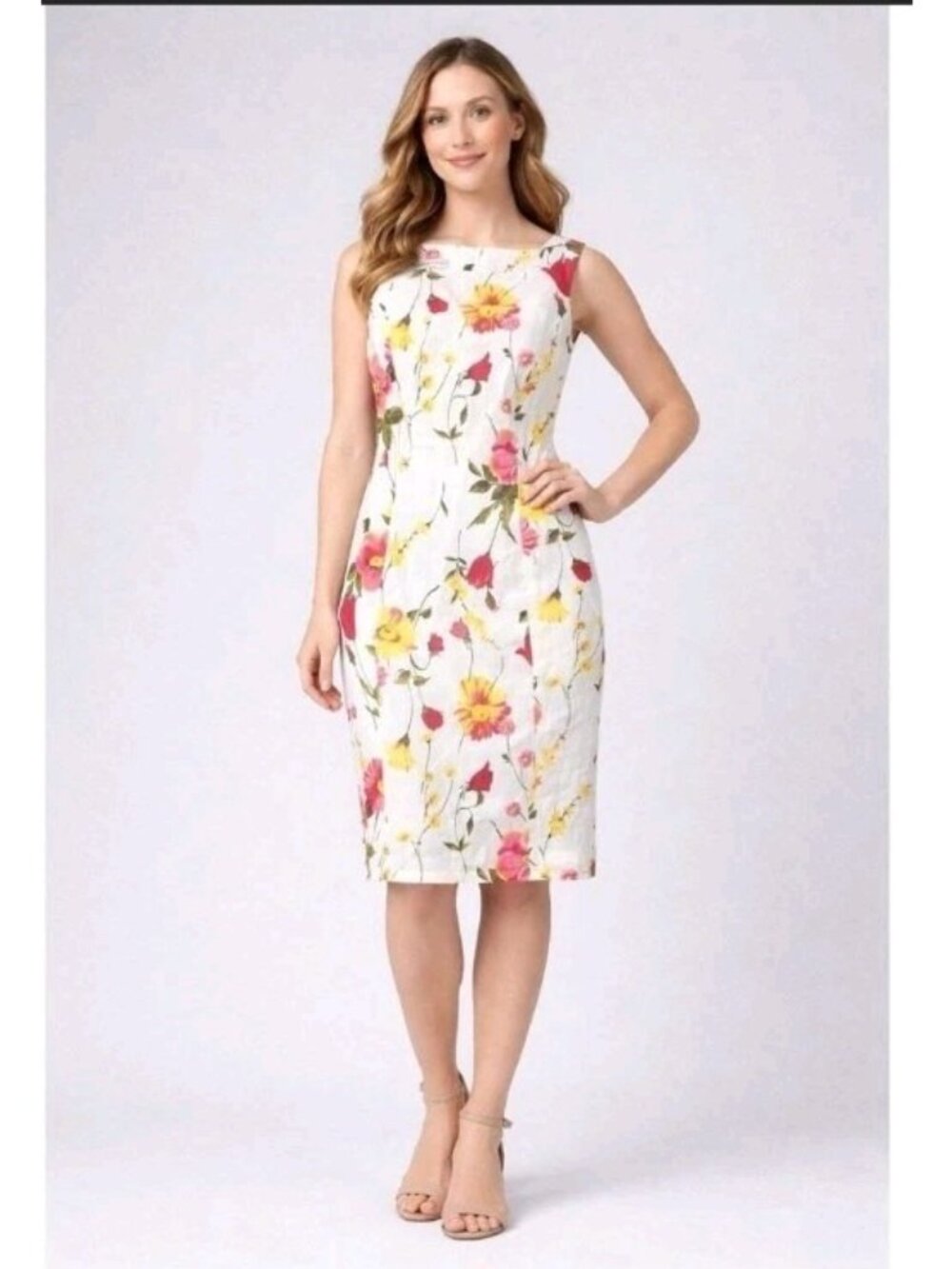 Jones New York 100% Linen Floral Shift Dress Sleeveless  White Pink Yellow 4